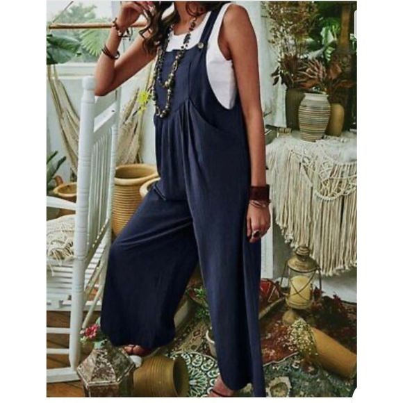 La Mode Pants - La Mode Woman Navy Pocket Caucho Jumpsuit, Size Large